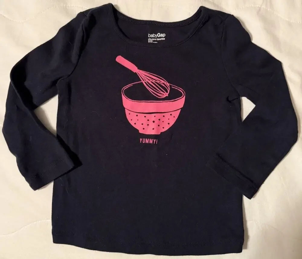 Baby Gap Girls’ Long-Sleeve Navy Shirt, Pink “Yummy” Mixing Bowl Baker 18-24m